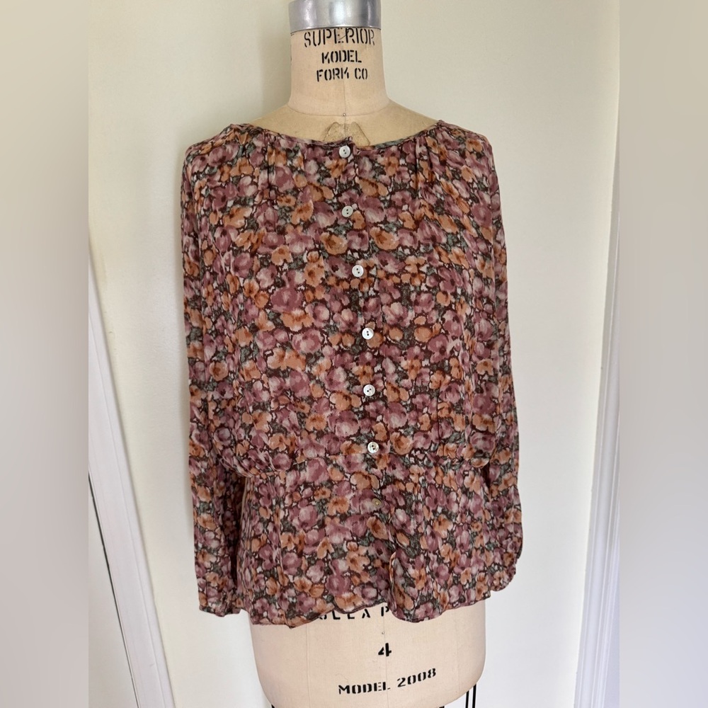 Calypso St. Barth Floral Blouse - Pink and Brown 100% Silk Size M